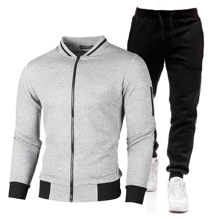 Men's Casual Plaid Stand-Up Collar Zipper Sweatshirt Jacket - Solid Color Set for Spring & Autumn