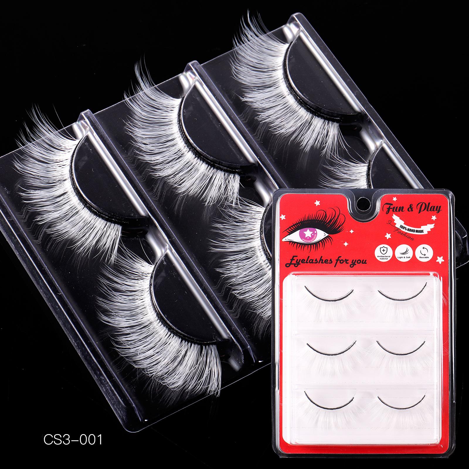 Chemical fiber white false eyelashes, festive DIY stage makeup eyelashes, false eyelashes 3 pairs of colored eyelashes