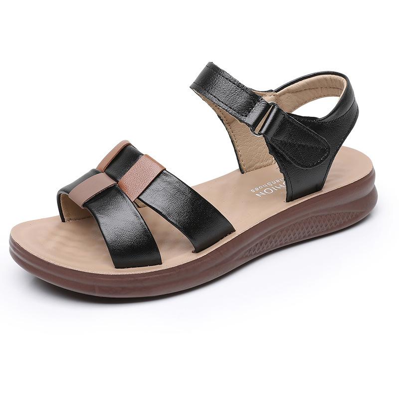 Summer New Top Leather Mom Sandals Comfortable Soft Bottom Flat Middle Aged Women's Shoes