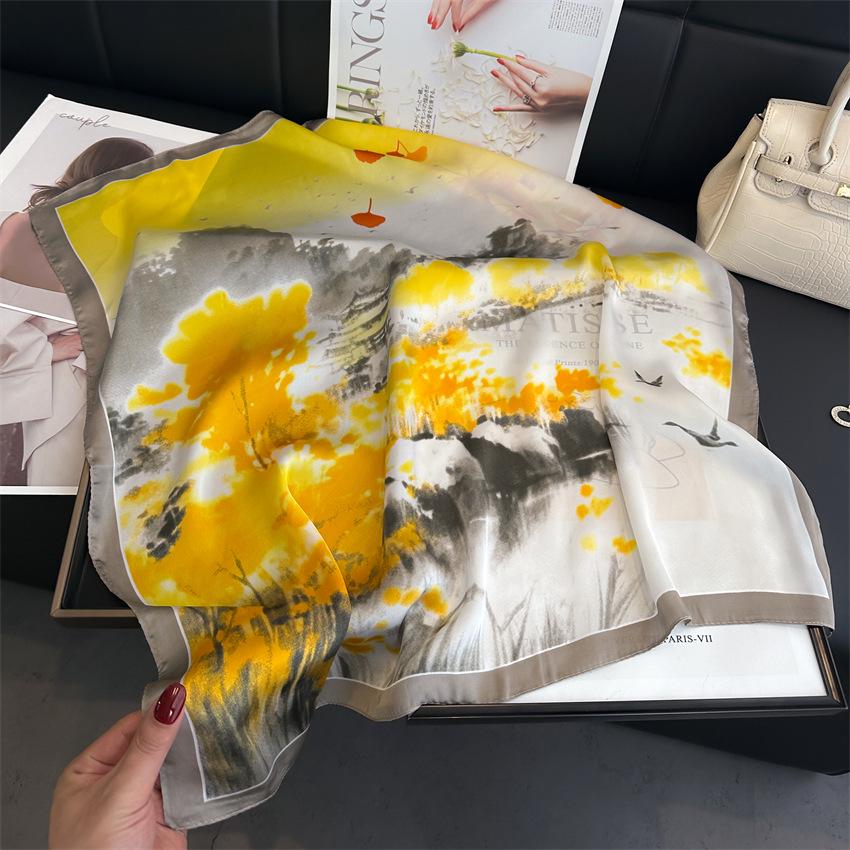 Elegant Ginkgo Leaf Print Silk Square Scarf – Versatile Headscarf for Spring and Summer