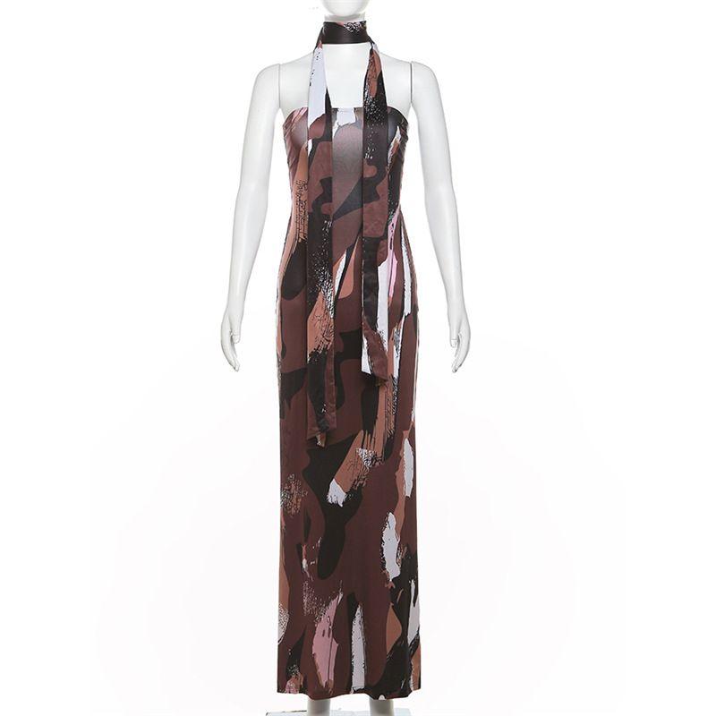 

Transition Sexy Zone American Style Sexy Fancy Stylish Print off-Neck Tube Top Non-Exposed Leg Wrapped Chest Dress Brown M