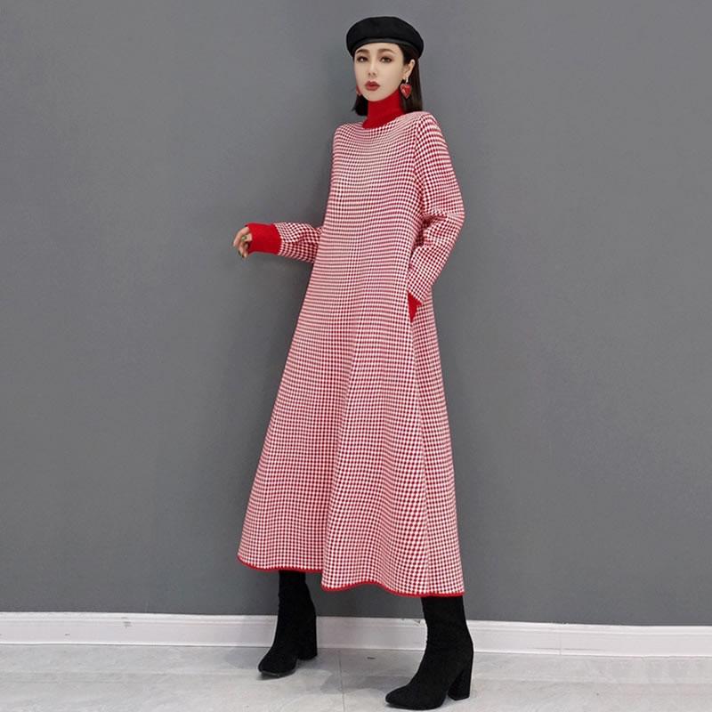 

XITAO модный пуловер, свободный, простой темперамент, водолазка, вязаное решетчатое платье GWJ0533 One Size красный