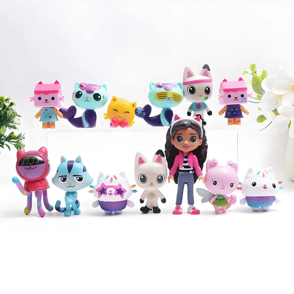13 Pcs Gabby Dollhouse Anime Figure Toy Car Smiling Cat Hug Gaby Girl Cartoon Dolls Mercat Action Figure Children Present