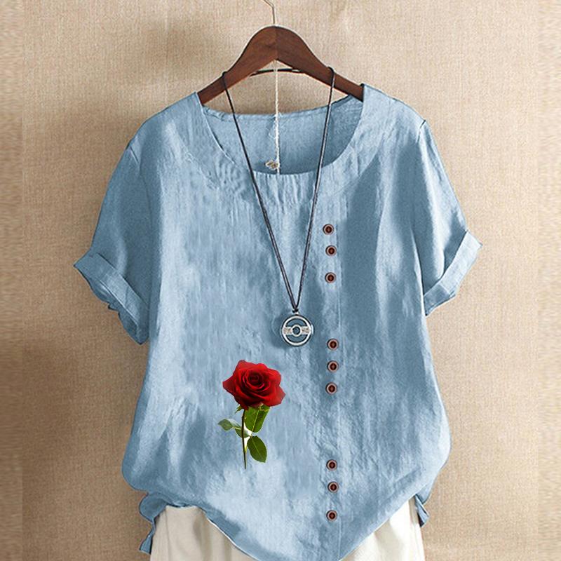Women's New Fashion Linen Shirt Round Neck Short Sleeve Rose Printed T-shirt Summer Ladies Casual Plus Size Blouse Tops