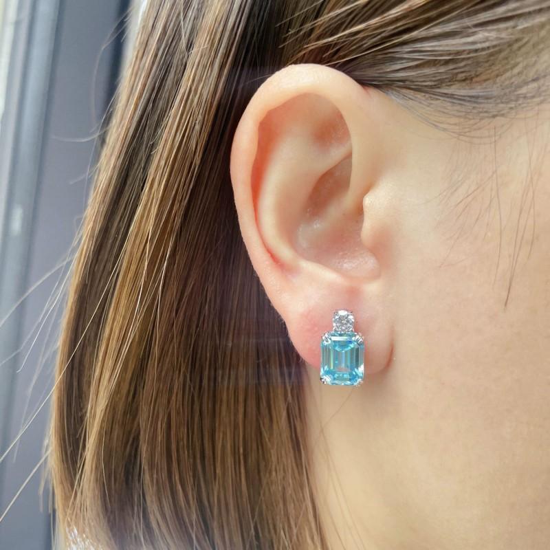 Sterling Aquamarine Stud Earrings Women 1.5ct Natural Gemstone Geometric Design Fashionable Office Jewelry