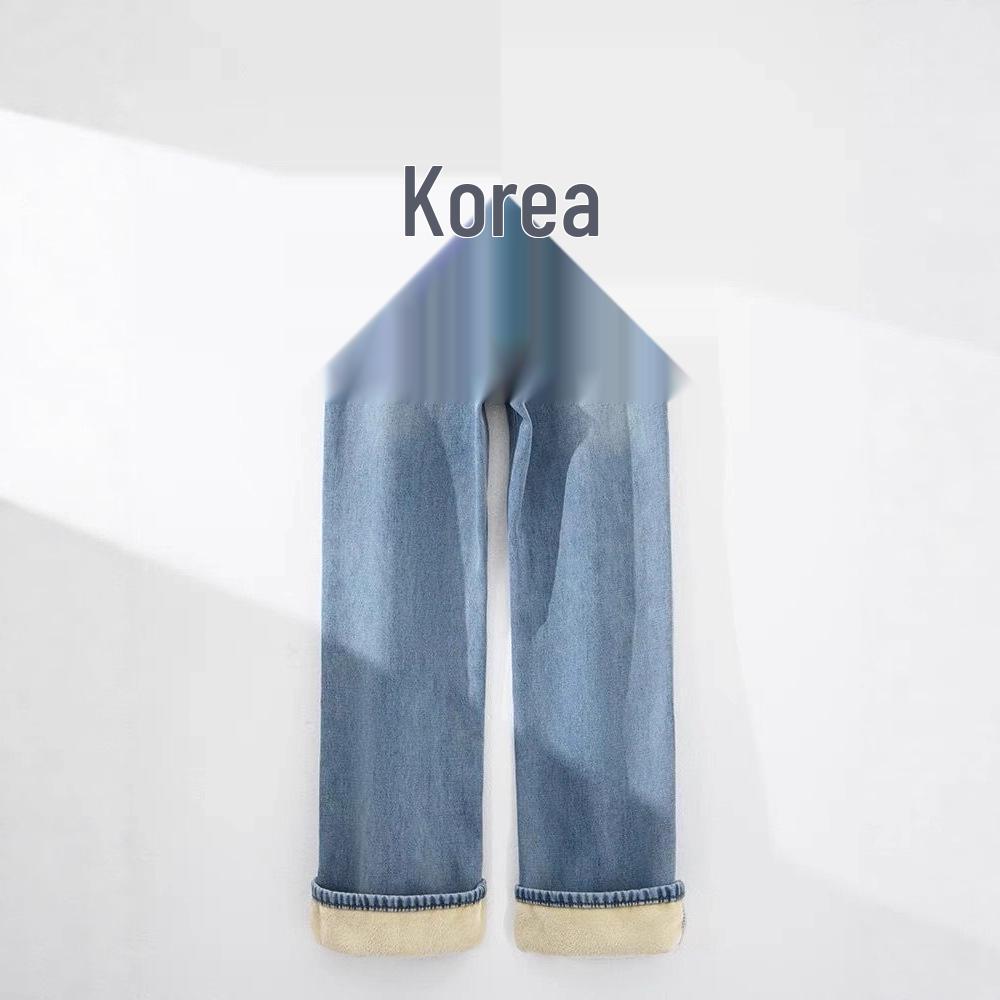 Women s Retro Light Blue Velvet Wide-Leg Jeans: Winter High-Waisted Straight-Leg Pants Extra Small