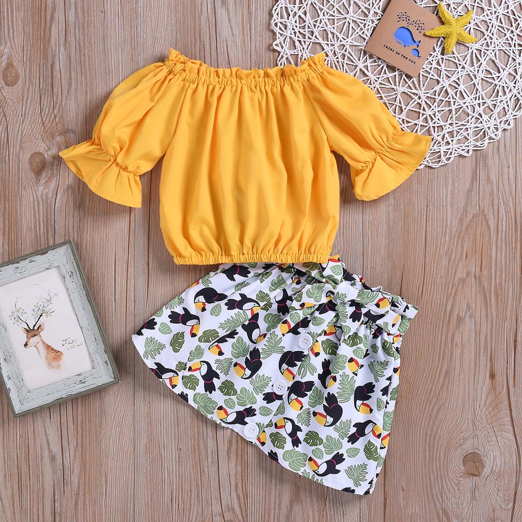 

Однотонные топы с открытыми плечами для маленьких девочек, юбки с бантом и принтом, наряды Sagit