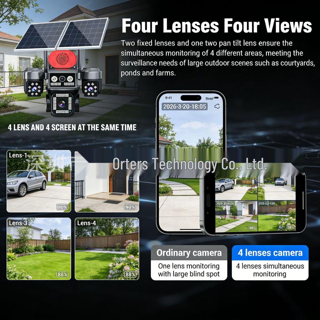 4G Solar Camera with Lifetime Free Data, Low Power, All-Day Recording, 4-Lens, No Network or Power Needed