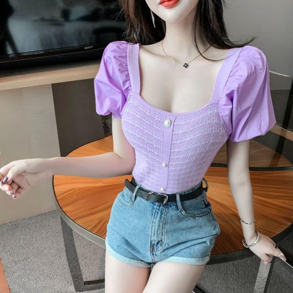 New Style Short-sleeved Spliced puff Sleeves Ice Silk Women's Slim Square Collar Knit Top
