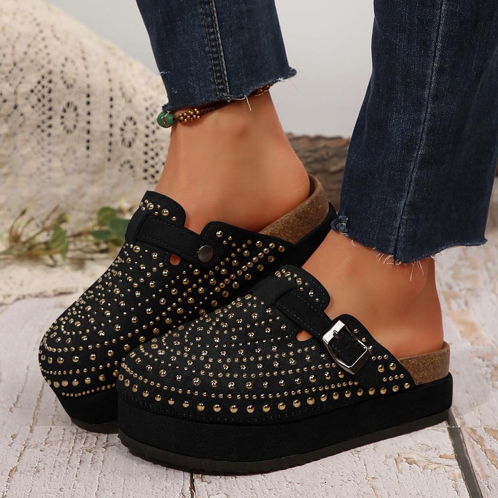 Damskie Sandały na Koturnie Okrągły Nosek Zamszowe Klapki Skórzane Mule Korkowe Z Podparciem Łuku Kamienie Dekoracyjne Bohemian Kapcie