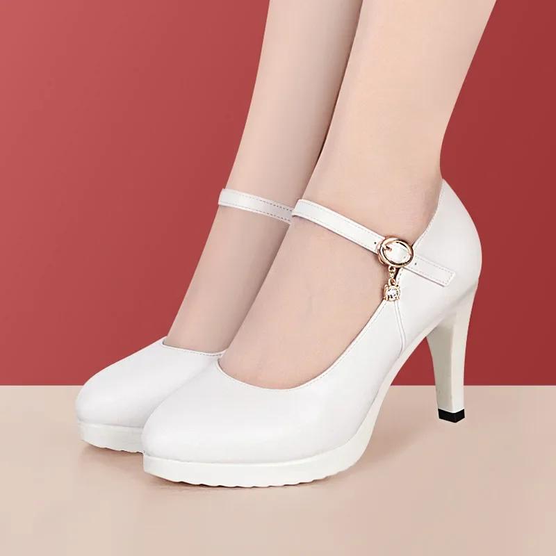 7 9 11 13 Small Size 32-43 Shallow Thick Bottom Genuine Leather Shoes Platform Pumps 2025 Block High Heels Shoes Model Office