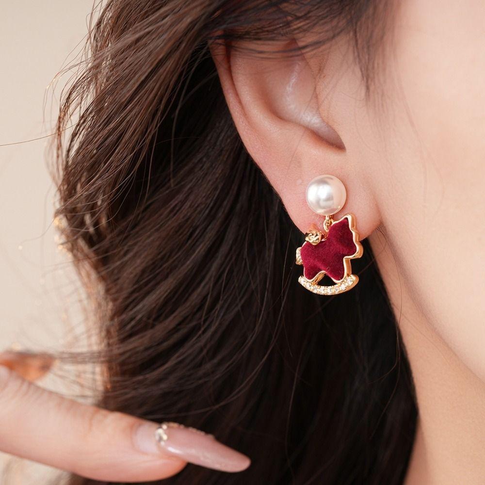 Rhinestone Zircon Horse Earrings Red Rocking Horse Earrings Cute Animal Earrings  Women Jewelry
