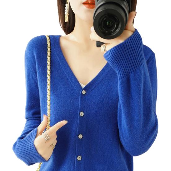 Spring Summer Knitting Cardigan V-Neck Long Sleeve Ribbed Cuffs Sweater Solid Color Single Breasted Stretchy Knitwear