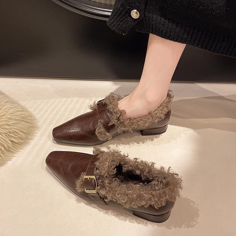 Fashion Lambswool Single Shoes for Women Winter 2025 New Fleece Fashion Pointed Toe Versatile Low Heel Shoes for Women