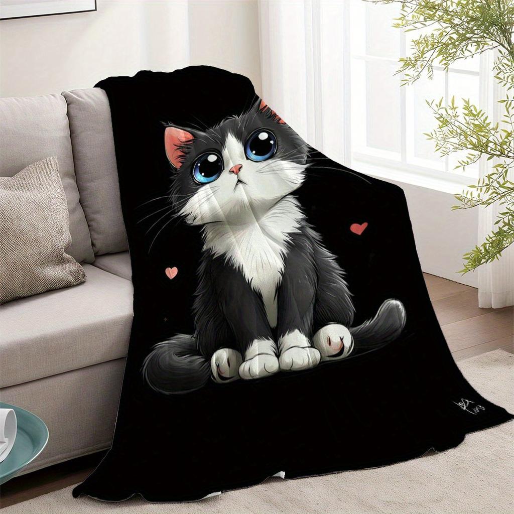 Cute Kitten Print Flannel Throw Blanket Soft Cozy Fleece for Home Office Sofa and Car All Season Fun Gift 72x100in