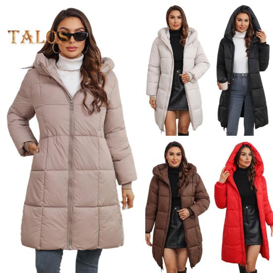 Damska kurtka zimowa z kapturem, gruba, ocieplana, puchowa, wąska talia, zapięcie na zamek błyskawiczny, średniej długości, wiatroszczelna, zimowa, bawełniana kurtka