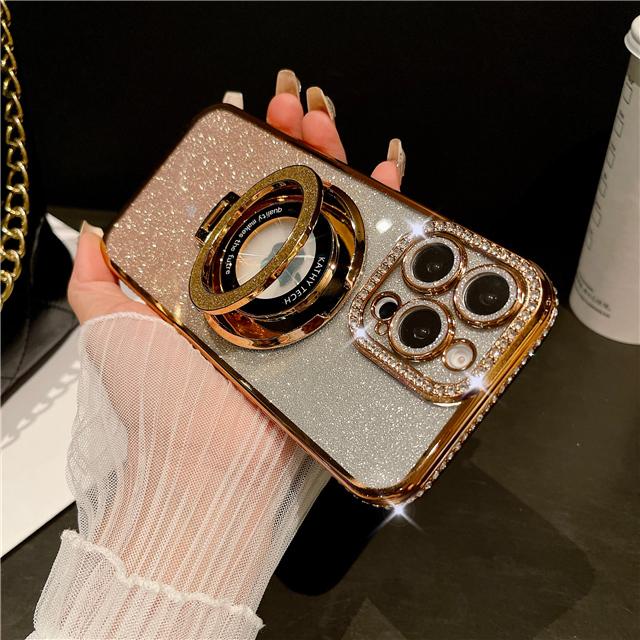 For iPhone 16 Pro Max Luxury Glitter Stand Holder Plating Flash Diamond Frame Phone Case For iPhone 11 12 13 14 15 16 Plus Cover