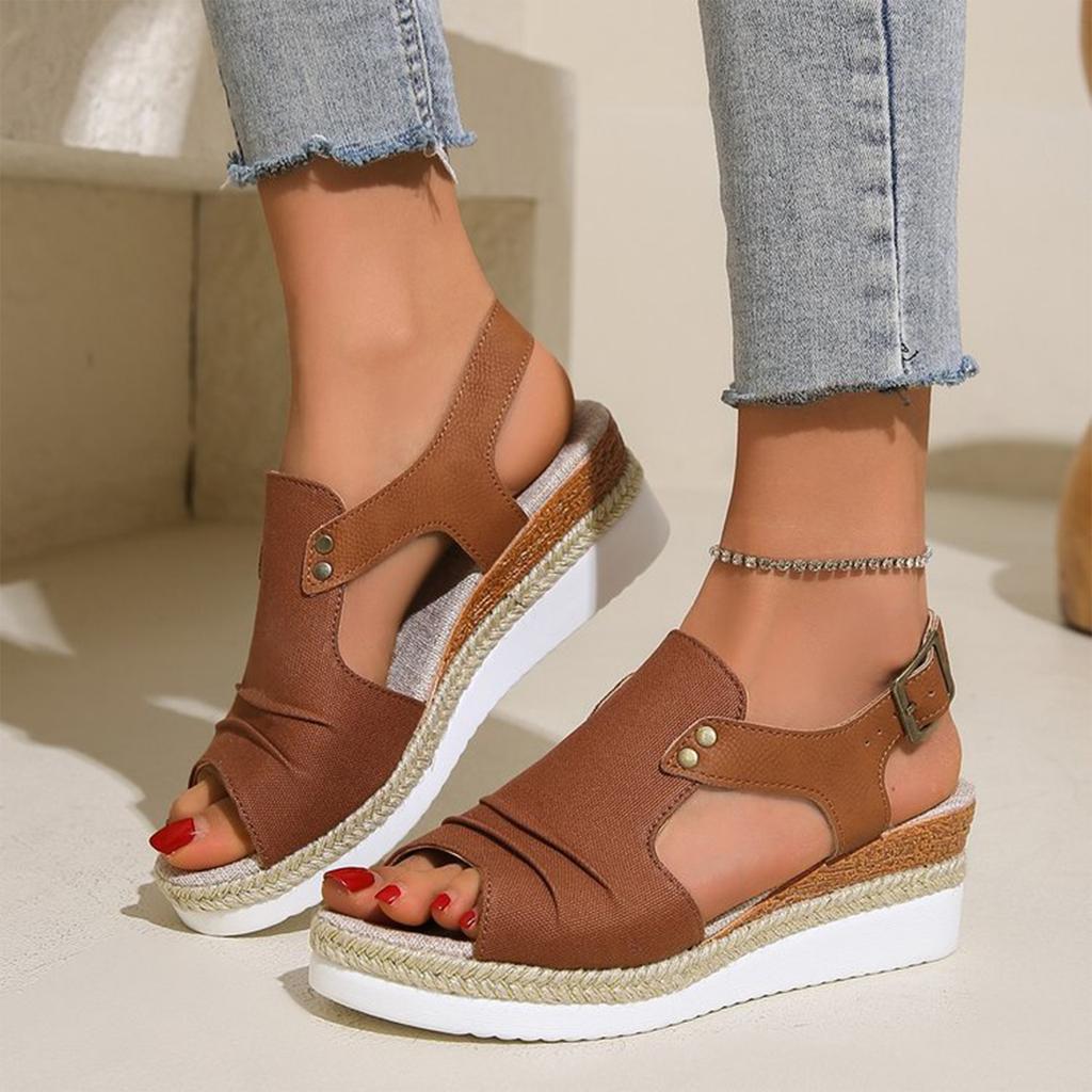Women Wedge Sandals Open Toe Platform Shoes Lightweight Breathable Retro Style Thick Sole Summer Casual Footwear
