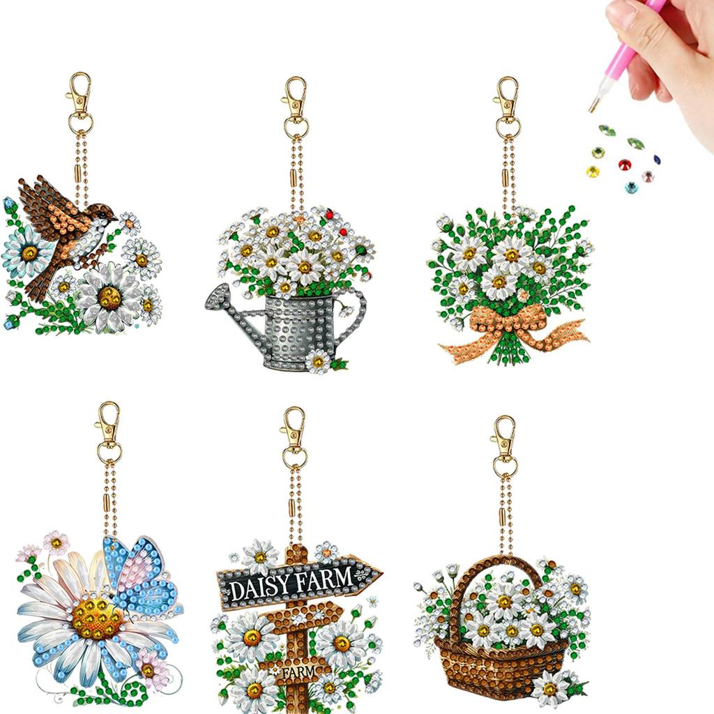 6Pcs DIY Special Shape Diamond Art Painting Keychain Kit Crystal Rhinestone Diamond Mosaic Key Chain Unique Handmade Gift