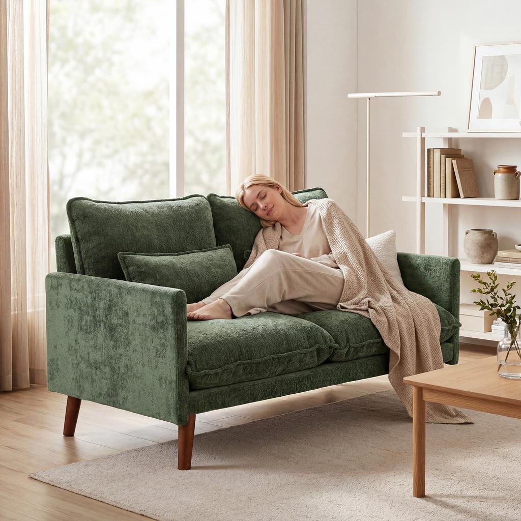 2 Seater Sofa, Loveseat Sofa with Spring Cushions, Wide and Deep Seat, Wood Legs, Green