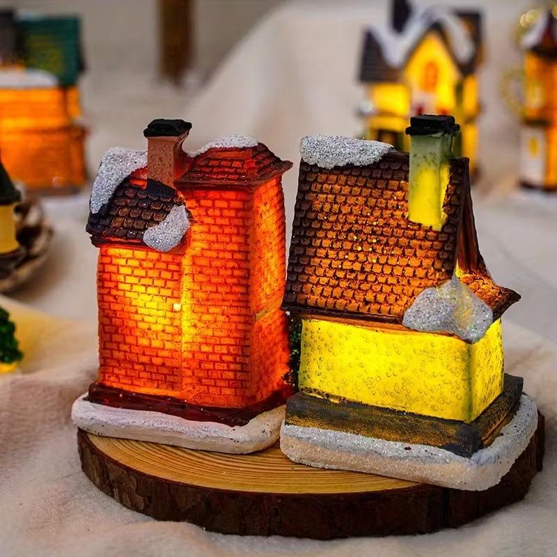1-4Sets Christmas Resin Mini House Decor Set LED Lighted Christmas Resin House for Micro Landscape Ornament Decoration