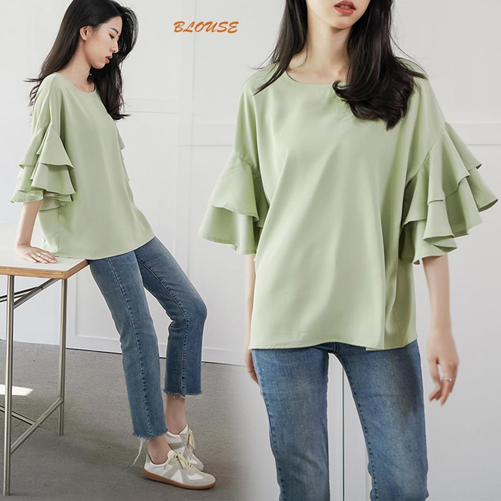 Ruffled Flare Stylish Cool Short Loose Fashionable for Office [POGCZMKK] Women's Blouse, Shirt, Neck, Sleeves, Fit, Flattering, Cute, Commuting, Lady,
