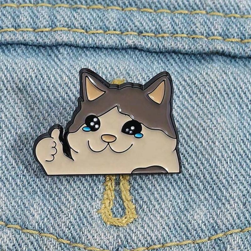 1PC Happy Crying Thumbs-Up Cat Enamel Pin, Cute Animal Badges
