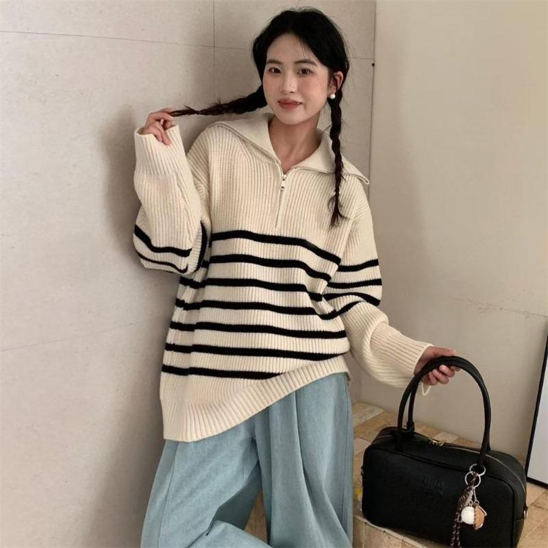Autumn and winter new lazy wind pullover sweater women's top loose color matching striped half zipper knitted sweater outer wear