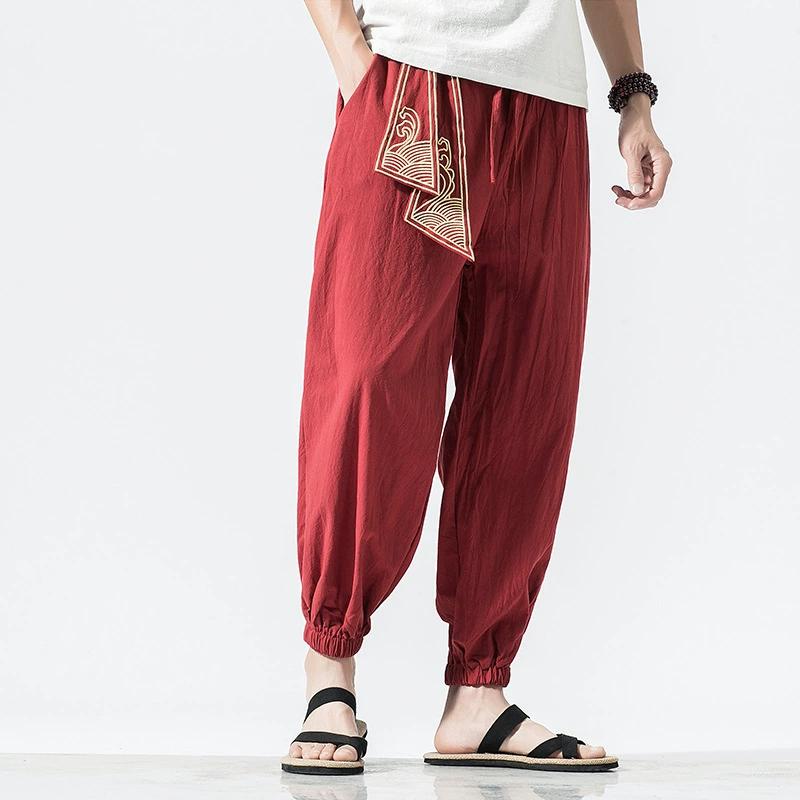 Men Cotton Linen Print Belt Retro Harem Pants Haori Baggy Trousers Harajuku Hip Hop