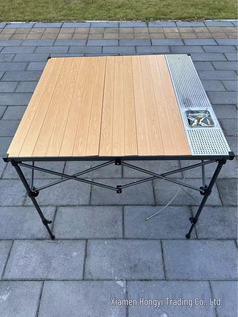 Hongyi Bamboo Pattern Aluminum Folding Table – Outdoor, Adjustable Height for Tea, BBQ, Card Games, Mahjong, Dining.