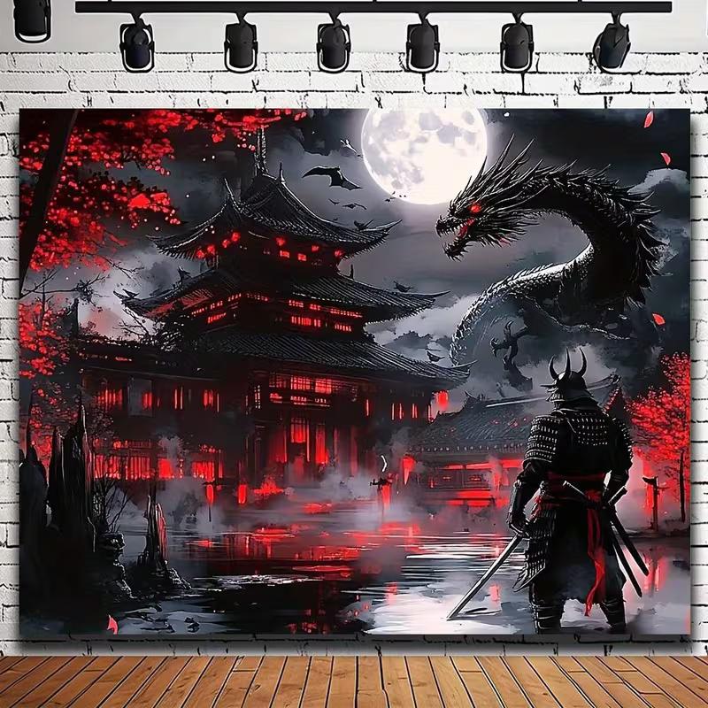 Arazzo Giapponese 2D Darkcore, Sfondo Murale Samurai vs Drago per Soggiorno