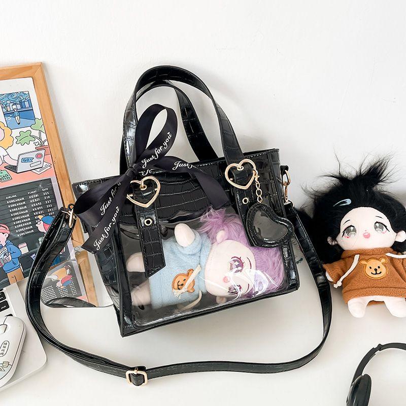 Sweet Cute Laced Bow Heart Charm Ita Bag Women Anime Crocodile Shoulder Bag Ladies Transparent Leather Large Capacity Handbag