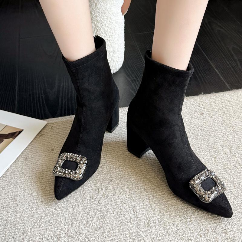Fashion Suede Rear Zip Block Heel Single Boots Fall New Pointed Toe Rhinestone Square Buckle Non-Slip Wear-Resistant Short Shoe