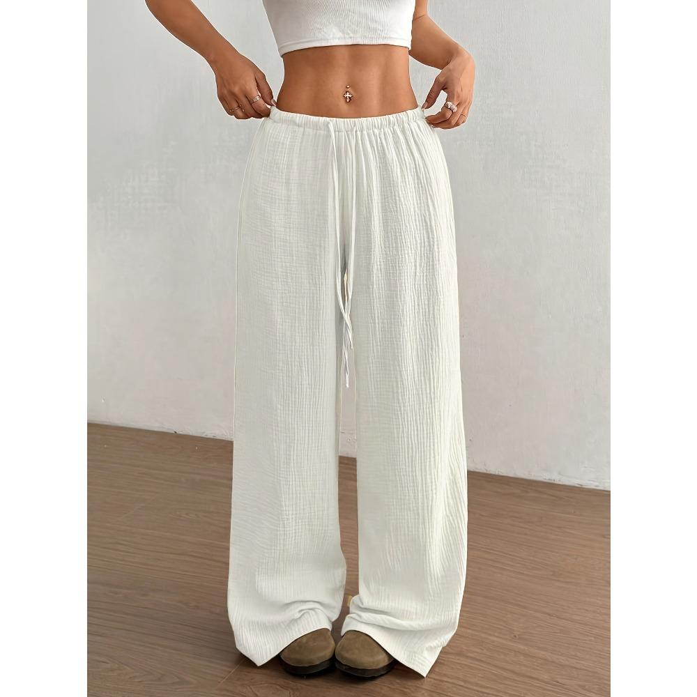 Damen Uni Strukturierte Weite Hosen, Knoten Taille Schrägtasche Lässige Lockere Hosen