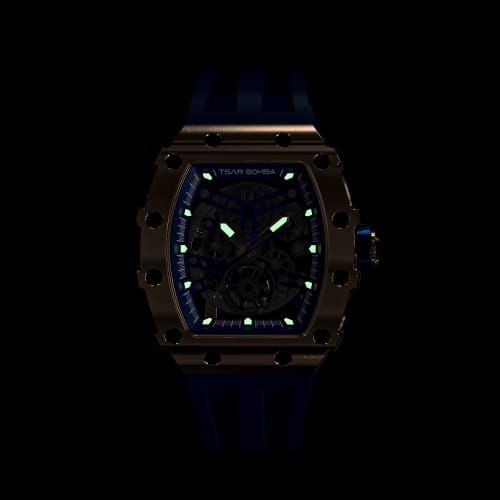 TSAR BOMBA Men's Skeleton Automatic Mechanical Watch with Analog Skeleton Movement, 5 ATM Water Resistance, Silicone Strap, Large Barrel Dial, Steel C