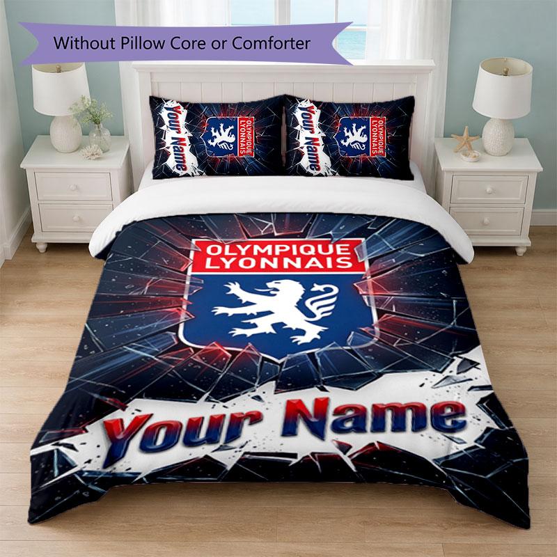 Lyon FC Custom Name Text Bedding Set 1 Duvet Cover+2 Pillowcases Soccer Logo Personalized Gift For Special Occasion Bedroom Decor