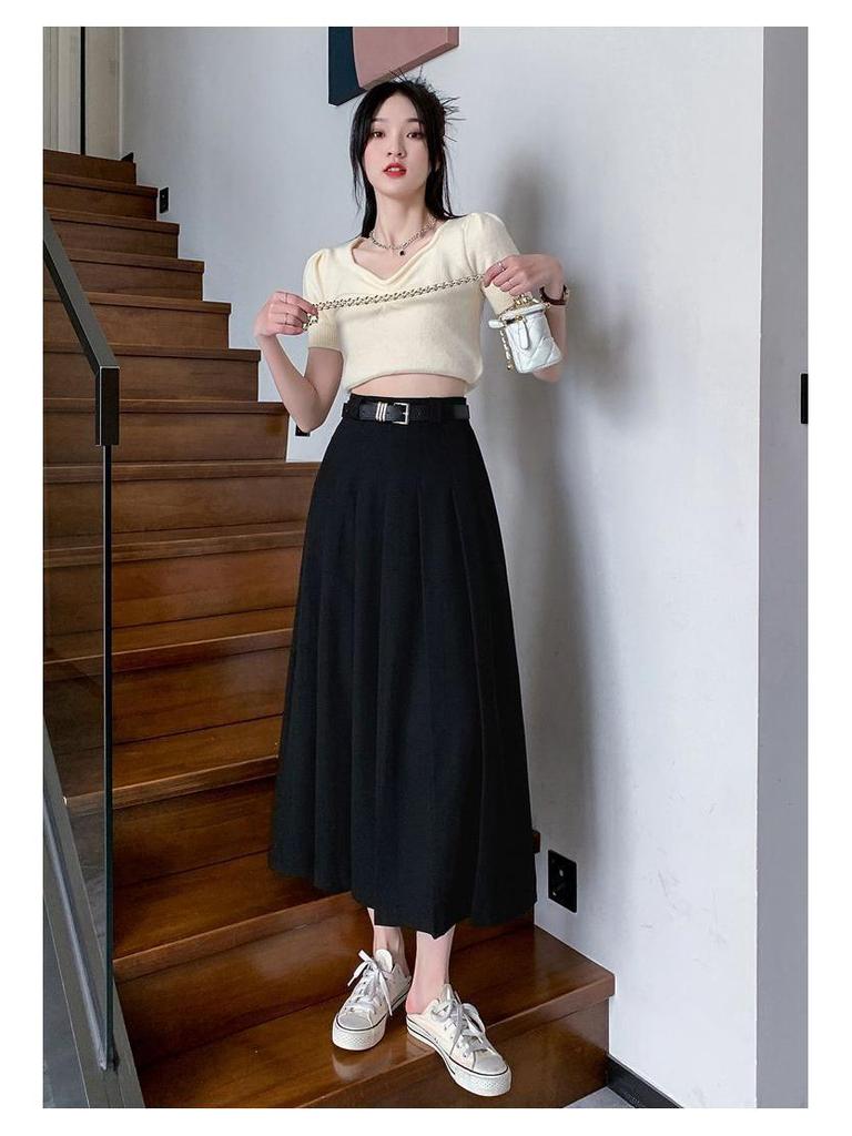 High-Grade Pleated Grey Skirt for Petite Women - High Waist, Mid-Length, Spring & Autumn 2025
