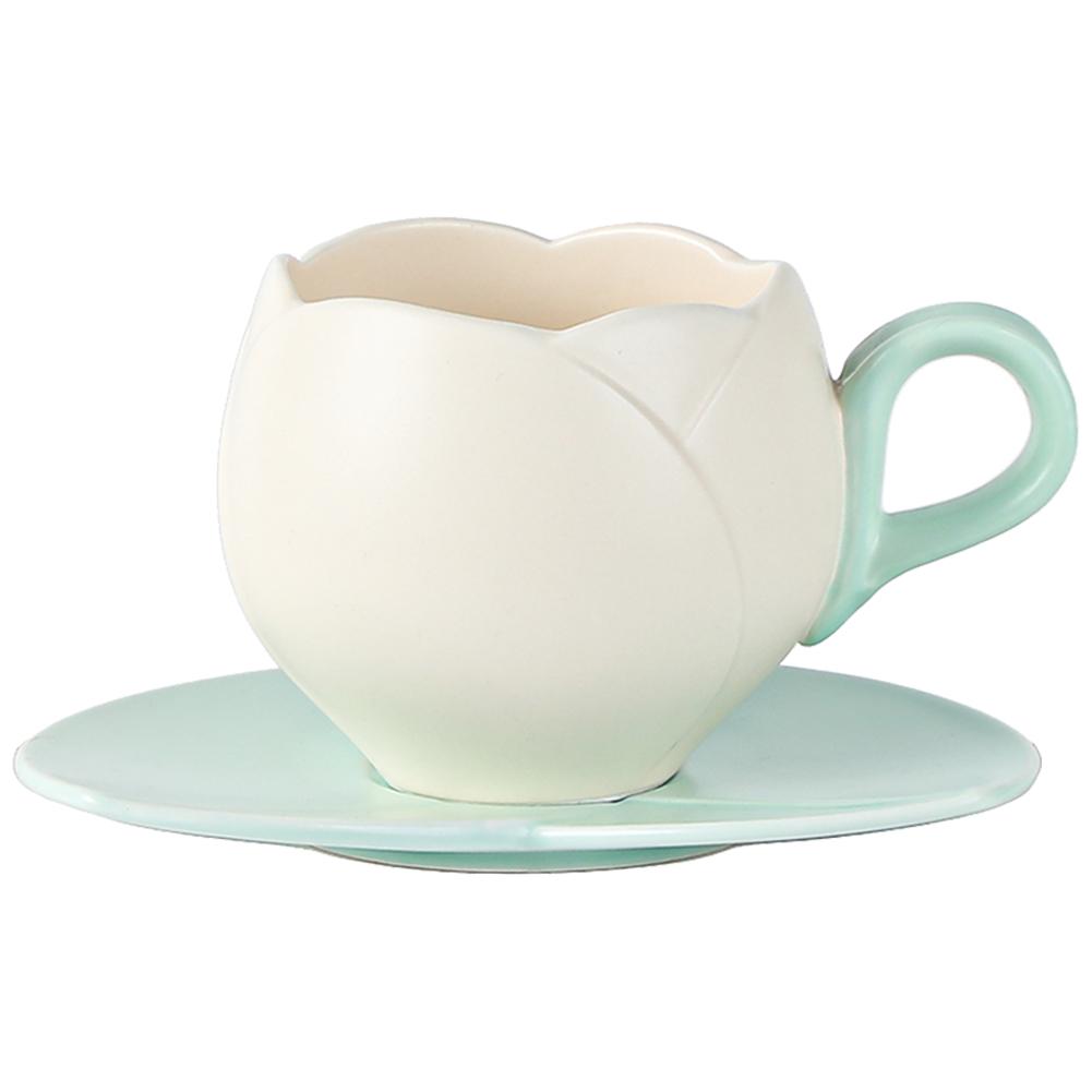Lovely Drink Cup with Saucer Ceramic Tulip Shaped Teacup Creative Vintage Tulip Tea Mug for Home Afternoon Tea