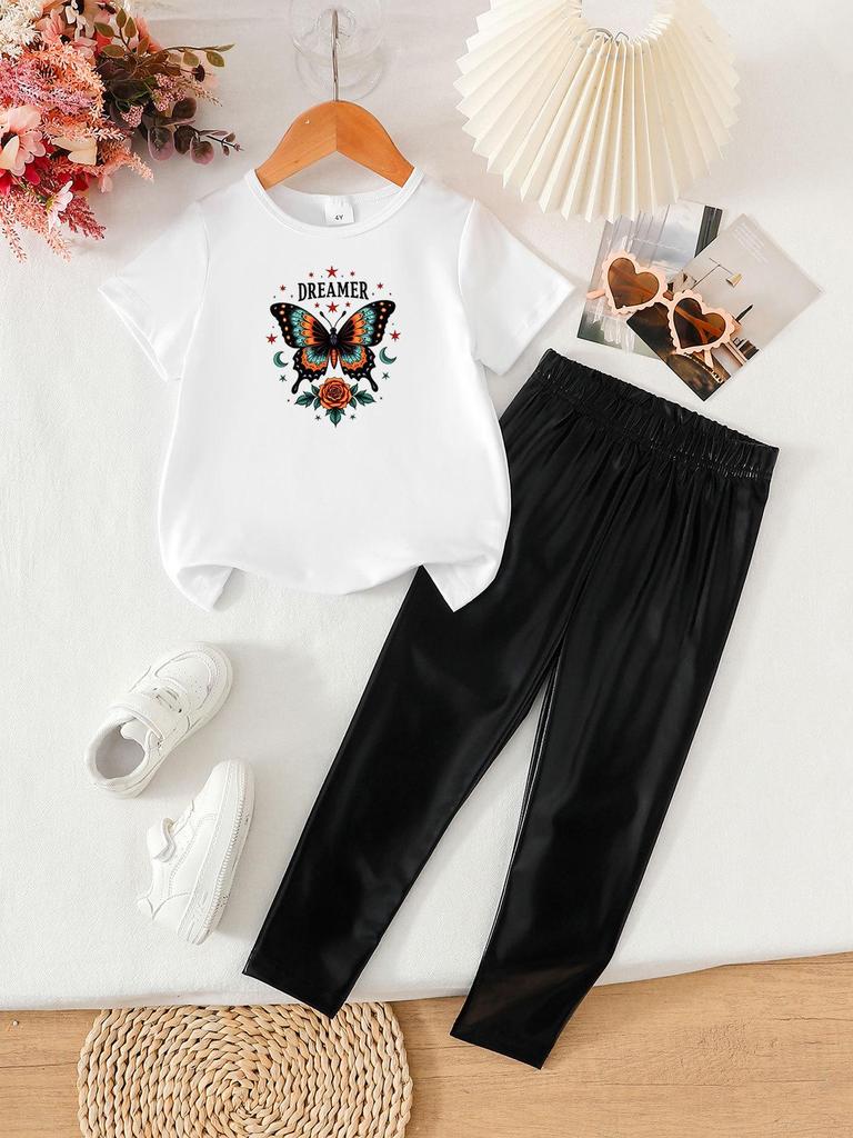 Summer Girls' Two-Piece Set: Fashionable Printed Short Sleeve Top & Long Pants