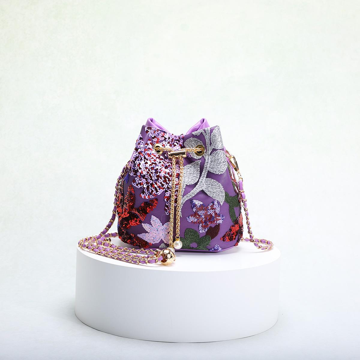 

Vintage Elegant Women s Bucket Bag - Heavy Craftsmanship Tulle Embroidery Flower Sequin Chain Crossbody Bag фиолетовый