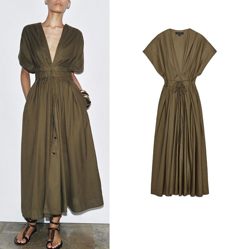 Summer New Product Women's Clothes Seaside Vacation Style Cotton V Neck Pleated Draped Shoulder Short Sleeve Length Dress 2965260