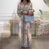 2026 New European and American Cross-border Women's Clothing Printed Lantern Sleeves Waist Long Sleeves Big Pendulum Dress Elegant Temperament Long