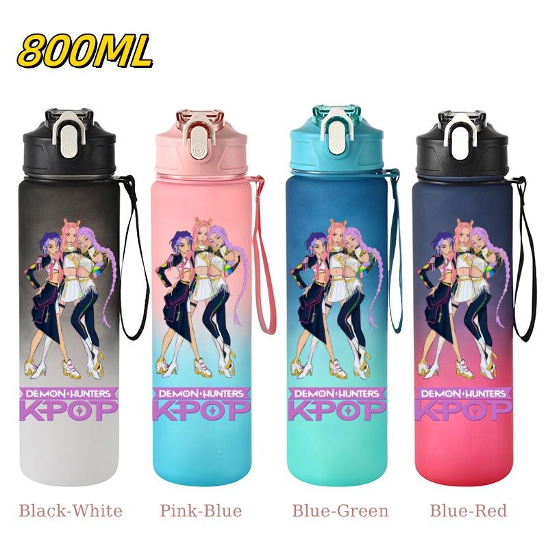 800ML KPop Demon Hunters Gradient Cartoon Print Large Capacity Straw Water Cup Outdoor Portable Sports Drink Bottles Travel Mug