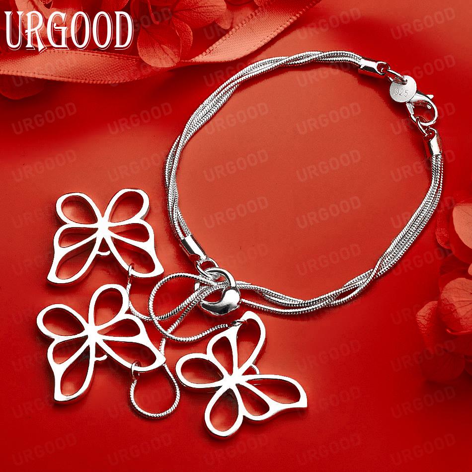 925 Sterling Silver Butterfly Pendant Snake Chain Bracelet Fashion Jewelry 20CM