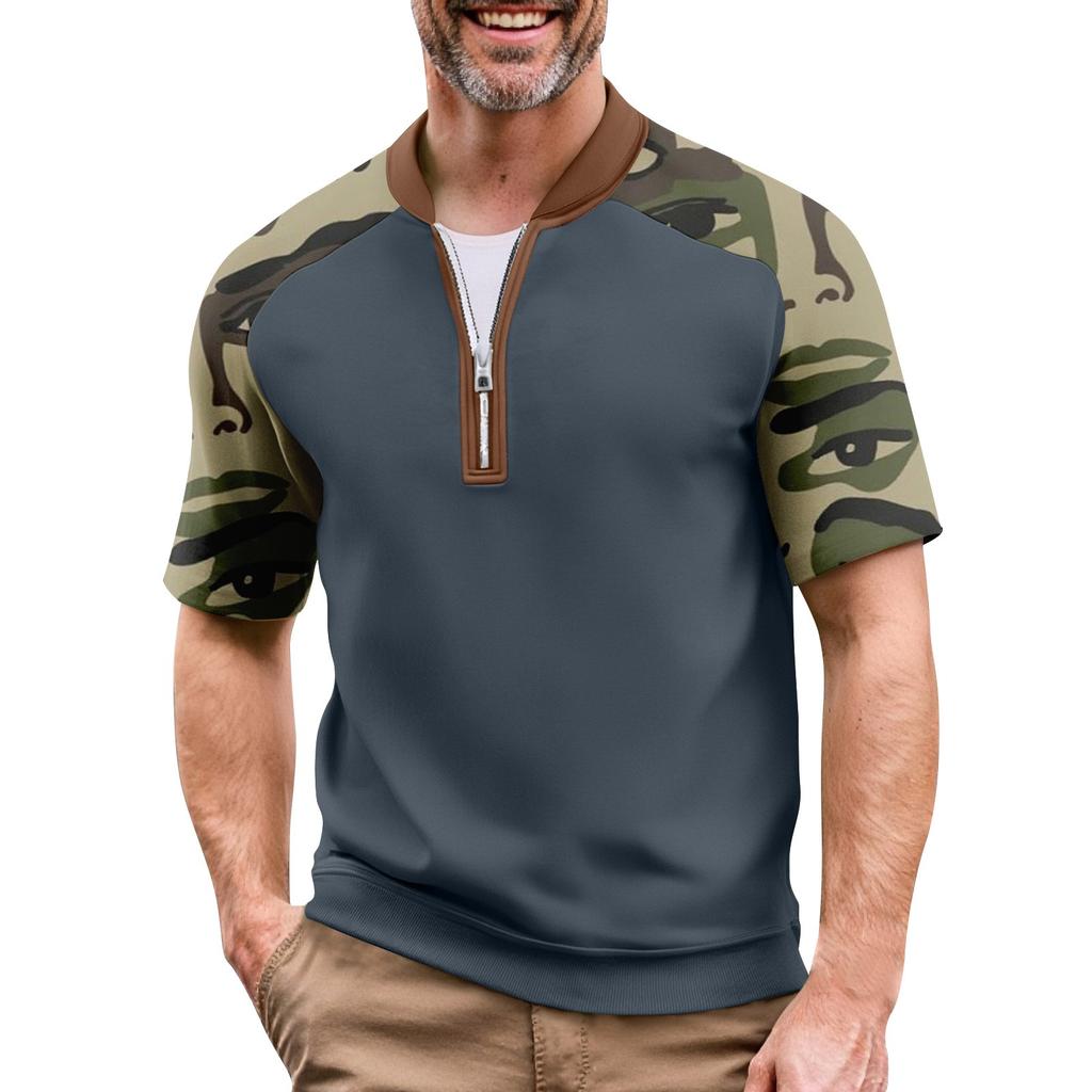 Men's Summer Camouflage Color Casual T-shirt Sports Breathable Zipper Collar Top