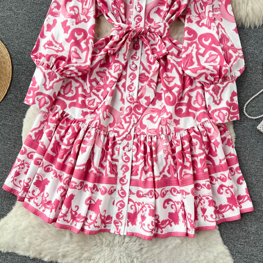 Vintage Summer Floral Print Ruffles Single Breasted Long Sleeve High Waist Vocation Beach Long Women Dress