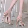 High Heels! Square Head Rhinestone Clear Line Sandals With Open Toe And Nude Slippers