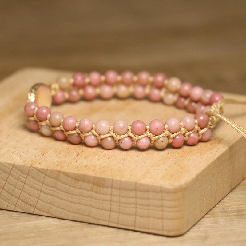 Pink Rhodochrosite Teardrop Opal Bracelet – Gold Accent Boho Healing Jewelry, Adjustable Love Gift for Women
