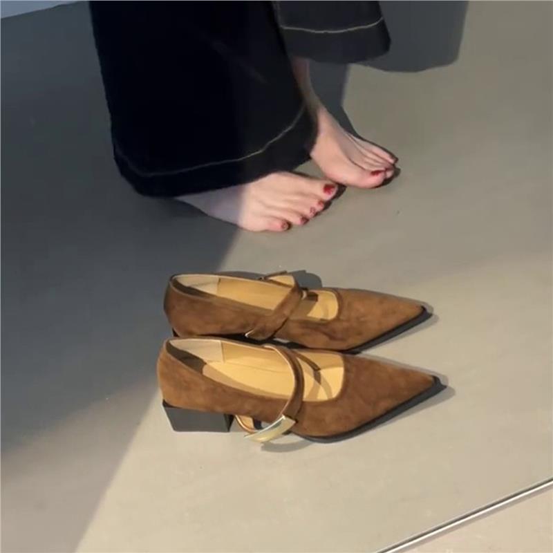 Schuhe mit Metallschnalle, dicker Absatz, flache Pendlerschuhe, spitze Mary Jane Schuhe