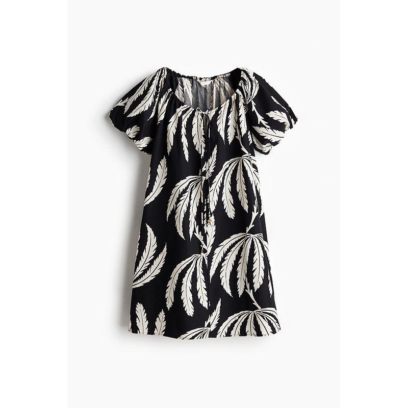 

HM Women s Clothing Collarless Dress 2025 Summer New Arrival Loose A- line Drawstring Collar Stylish Floral Skirt 1275760